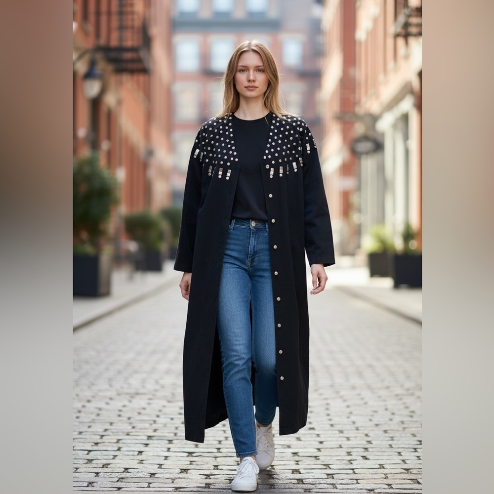 Vintage Black Studded Embellished Long Denim Coat